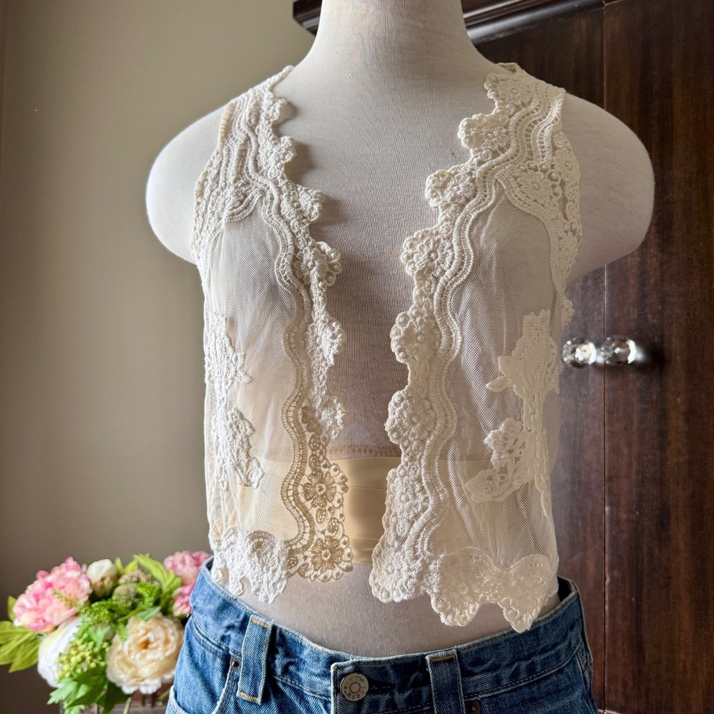 Crochet Lace Vest Sheer Open Front Floral Sleeveless Womens S Boho Festival